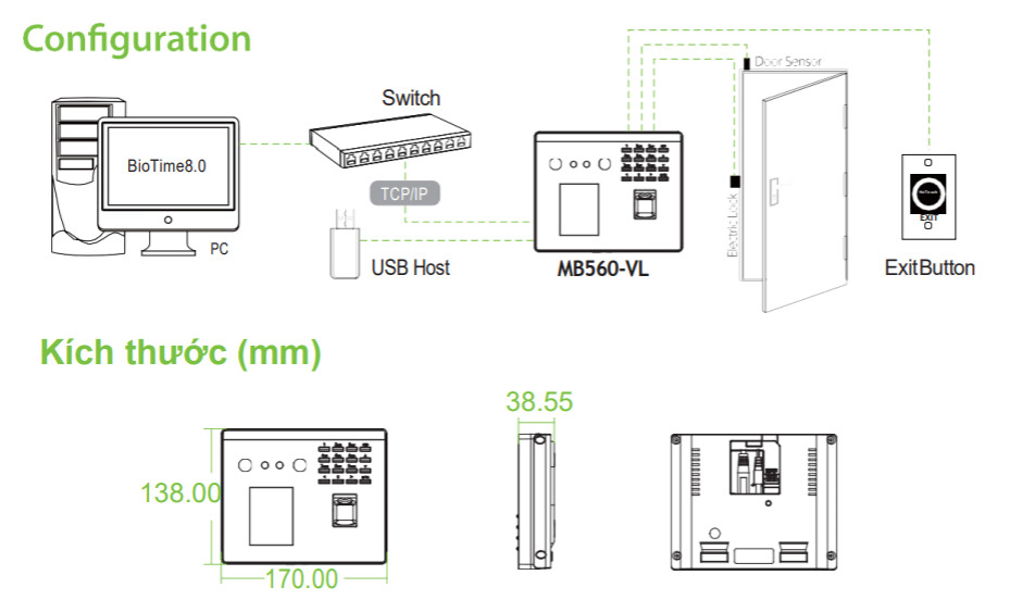 Máy chấm công nhận diện khuôn mặt ZKTECO MB560-VL có wifi có kiểm soát ...